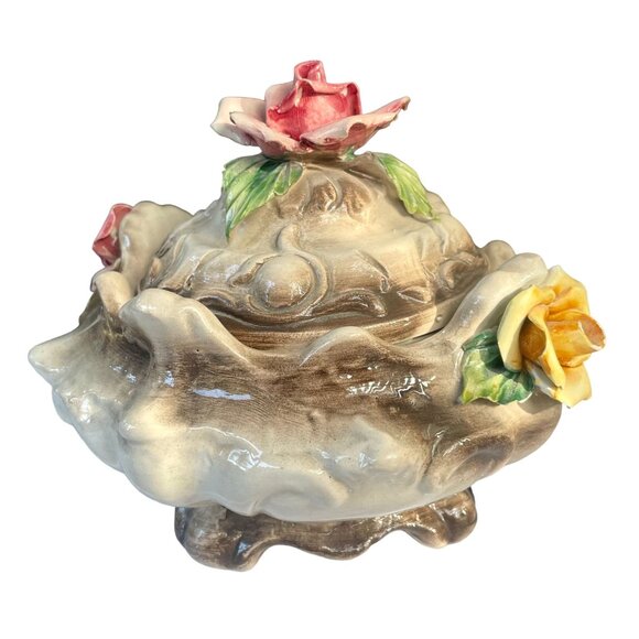 Vintage Capodimonte Ceramic Covered Dish with Roses Flowers Italy Capodimonte Po - Picture 2 of 8
